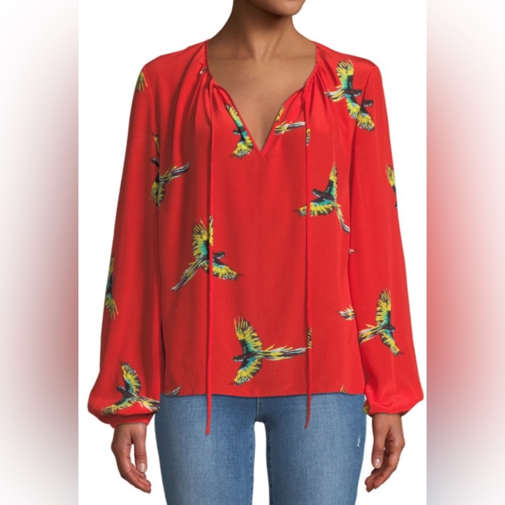 DIANE VON FURSTENBERG Silk Bird-Print Long-Sleeve Boho Style Blouse. Size 10.